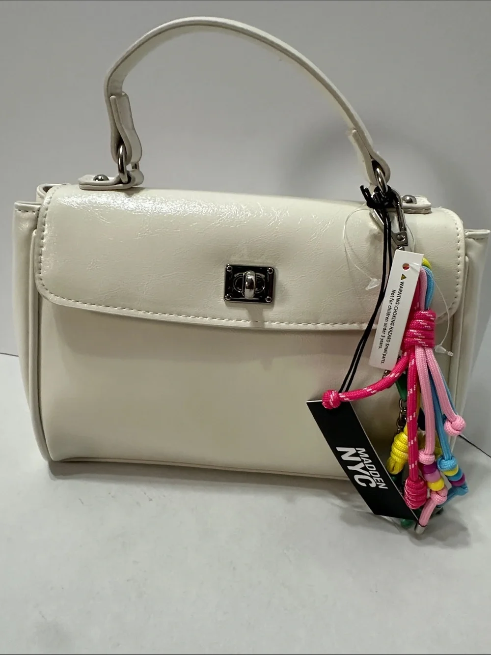 Madden NYC Cream Top-Handle Satchel with Colorful Charm